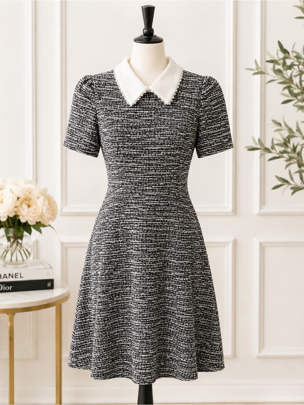 Karl Lagerfeld Paris Tweed Pearl Collar Fit & Flare Dress Size 4